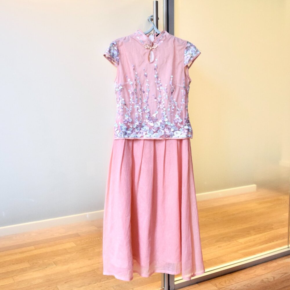Pink Flora Lace Qipao - Patchwork Faux Two Piece Dress